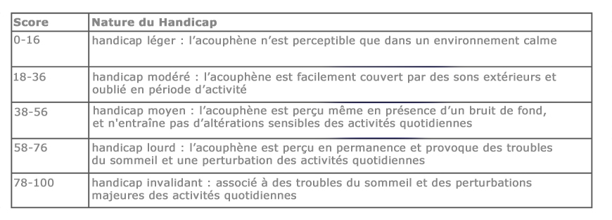 Correspondance entre les scores au questionnaire THI et niveau de handicap